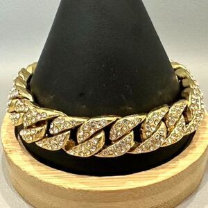 Gold Tone Faux Diamond Cuban Chain Metal Bracelet 9"